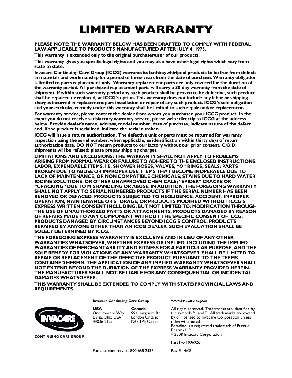 Part no 1096926, Limited warranty | Invacare IH6300ADH User Manual | Page 32 / 32