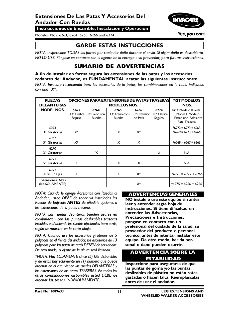 Garde estas instucciones, Sumario de advertencias | Invacare 6266 User Manual | Page 11 / 16