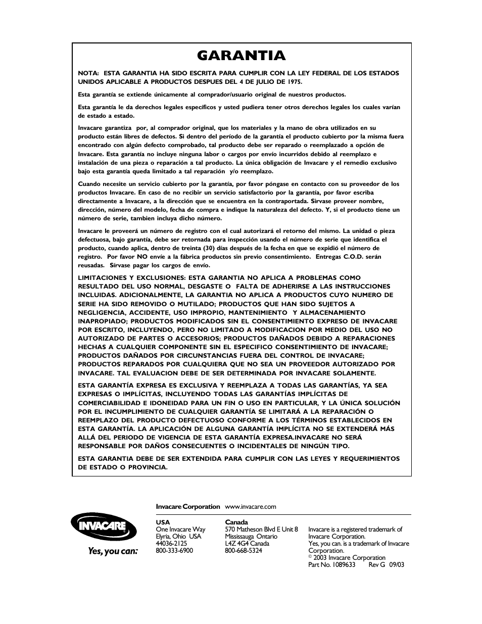 Garantia | Invacare 6266 User Manual | Page 16 / 16