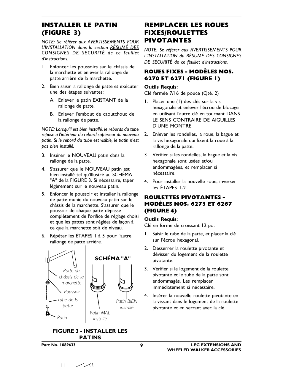 Installer le patin (figure 3), Remplacer les roues fixes/roulettes pivotantes | Invacare 6266 User Manual | Page 9 / 16