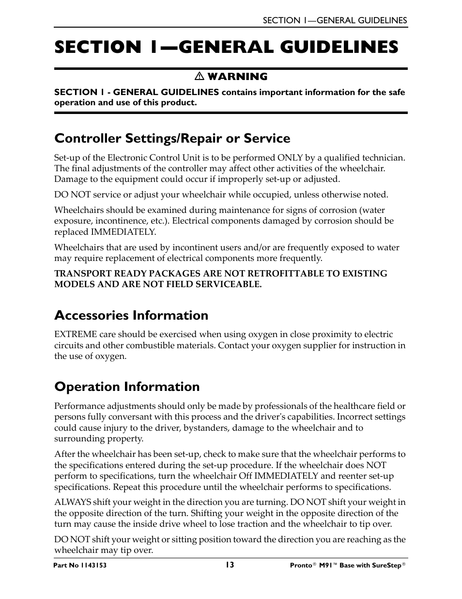 Section 1—general guidelines, Controller settings/repair or service, Accessories information | Operation information | Invacare Wheelchair Pronto M91 Base User Manual | Page 13 / 76