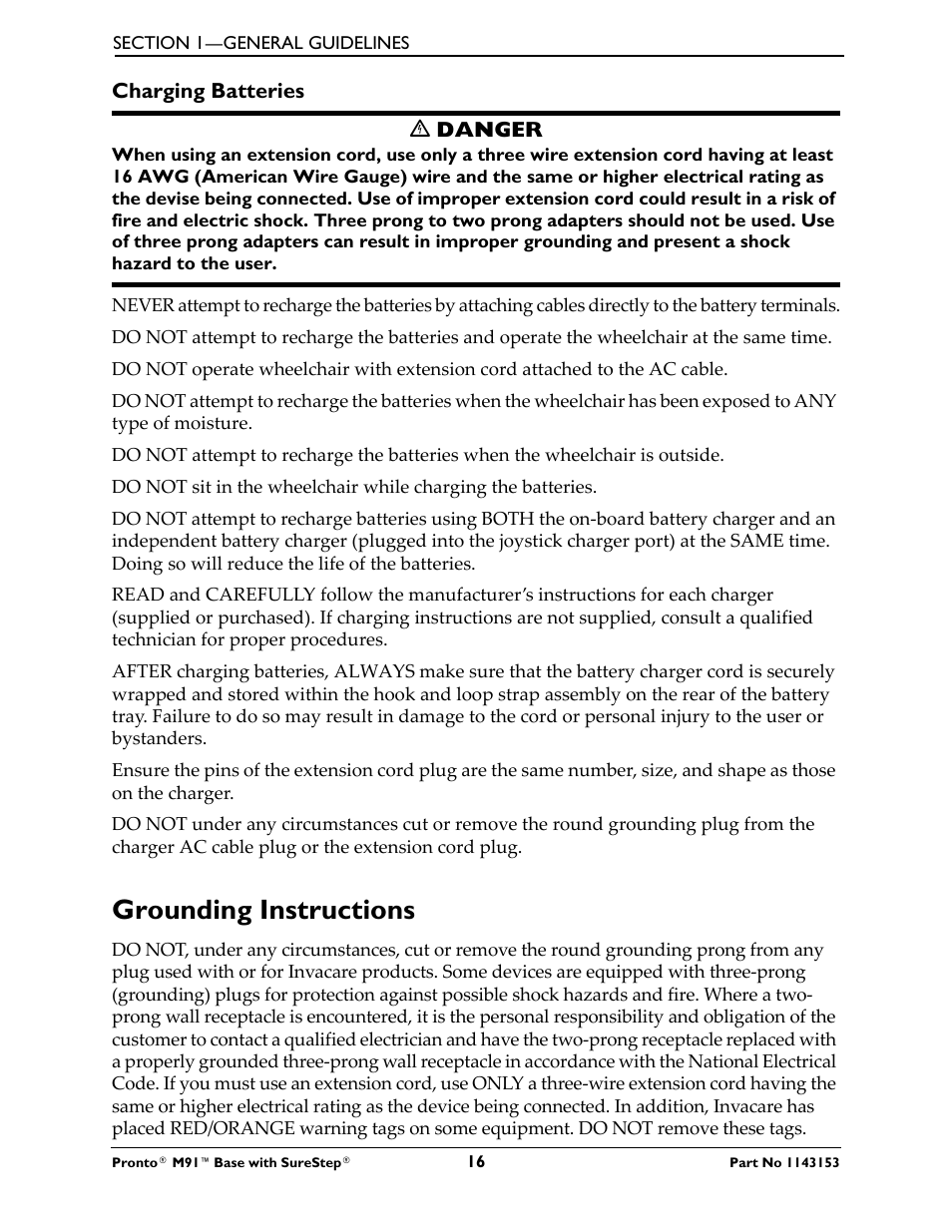 Charging batteries, Grounding instructions | Invacare Wheelchair Pronto M91 Base User Manual | Page 16 / 76