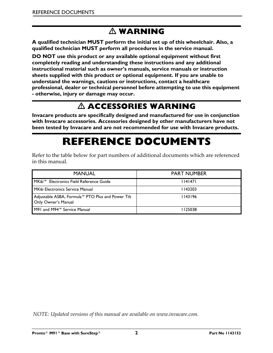 Reference documents, Ƽ warning, Ƽ accessories warning | Invacare Wheelchair Pronto M91 Base User Manual | Page 2 / 76