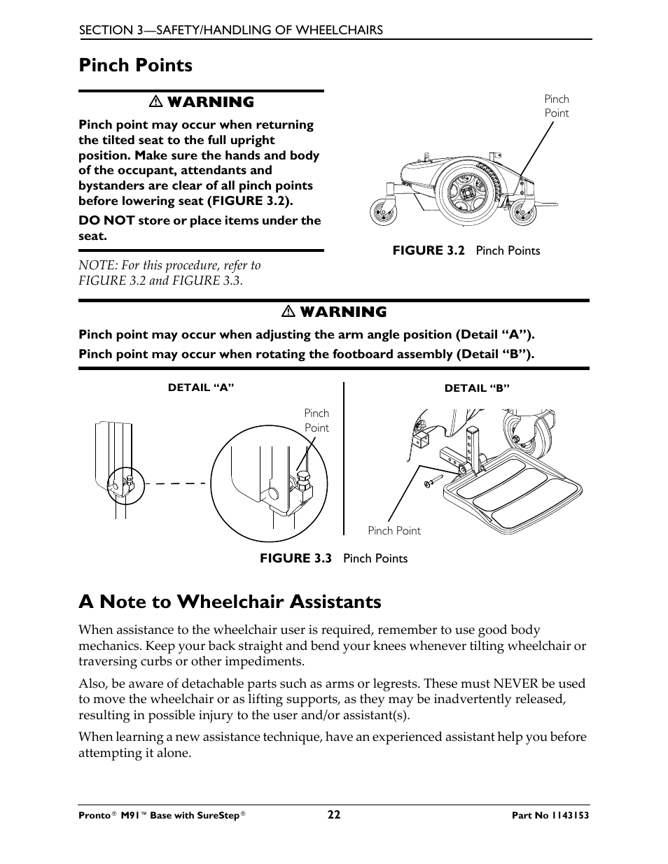 Pinch points a note to wheelchair assistants, Pinch points | Invacare Wheelchair Pronto M91 Base User Manual | Page 22 / 76