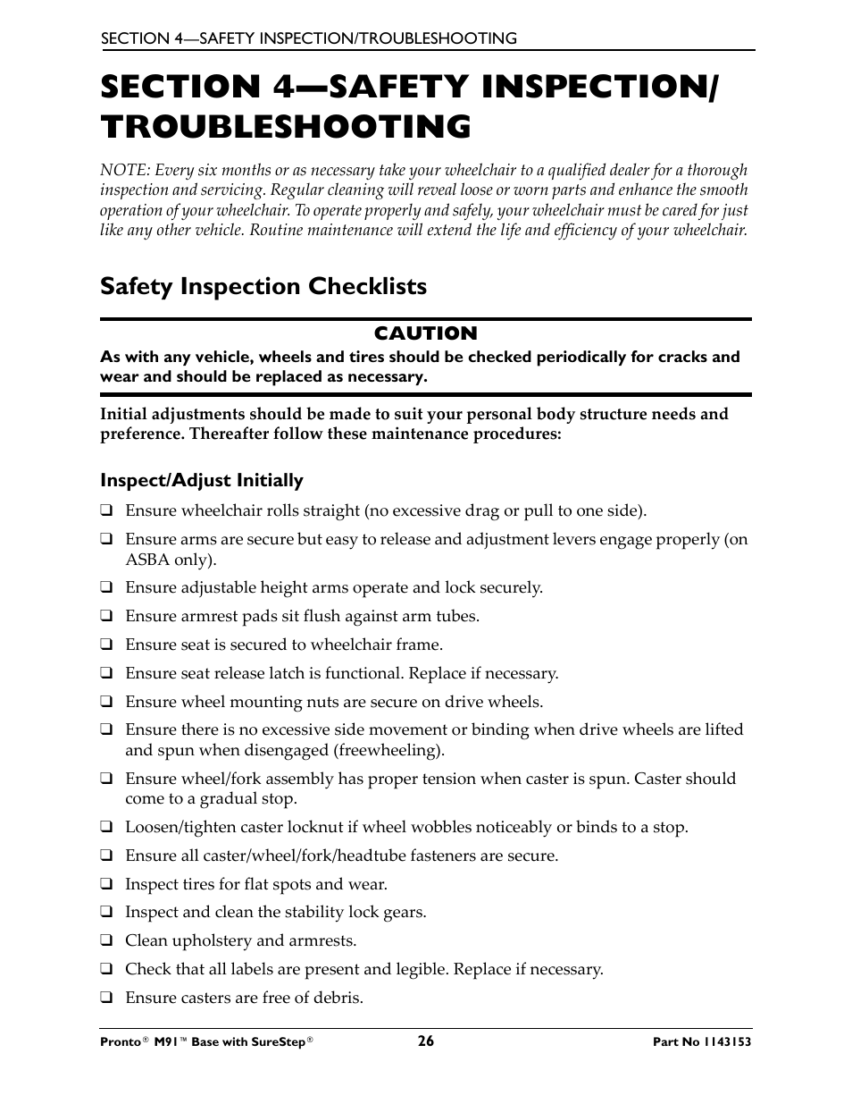 Section 4—safety inspection/troubleshooting, Safety inspection checklists, Inspect/adjust initially | Invacare Wheelchair Pronto M91 Base User Manual | Page 26 / 76