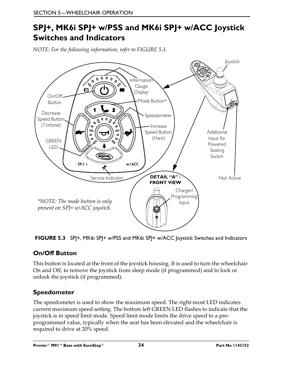 On/off button speedometer, On/off button, Speedometer | Invacare Wheelchair Pronto M91 Base User Manual | Page 34 / 76