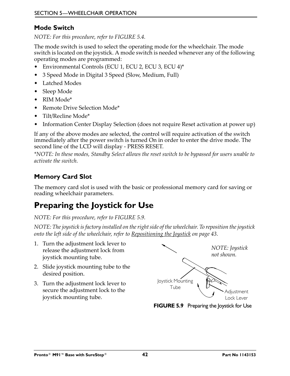 Mode switch memory card slot, Preparing the joystick for use | Invacare Wheelchair Pronto M91 Base User Manual | Page 42 / 76