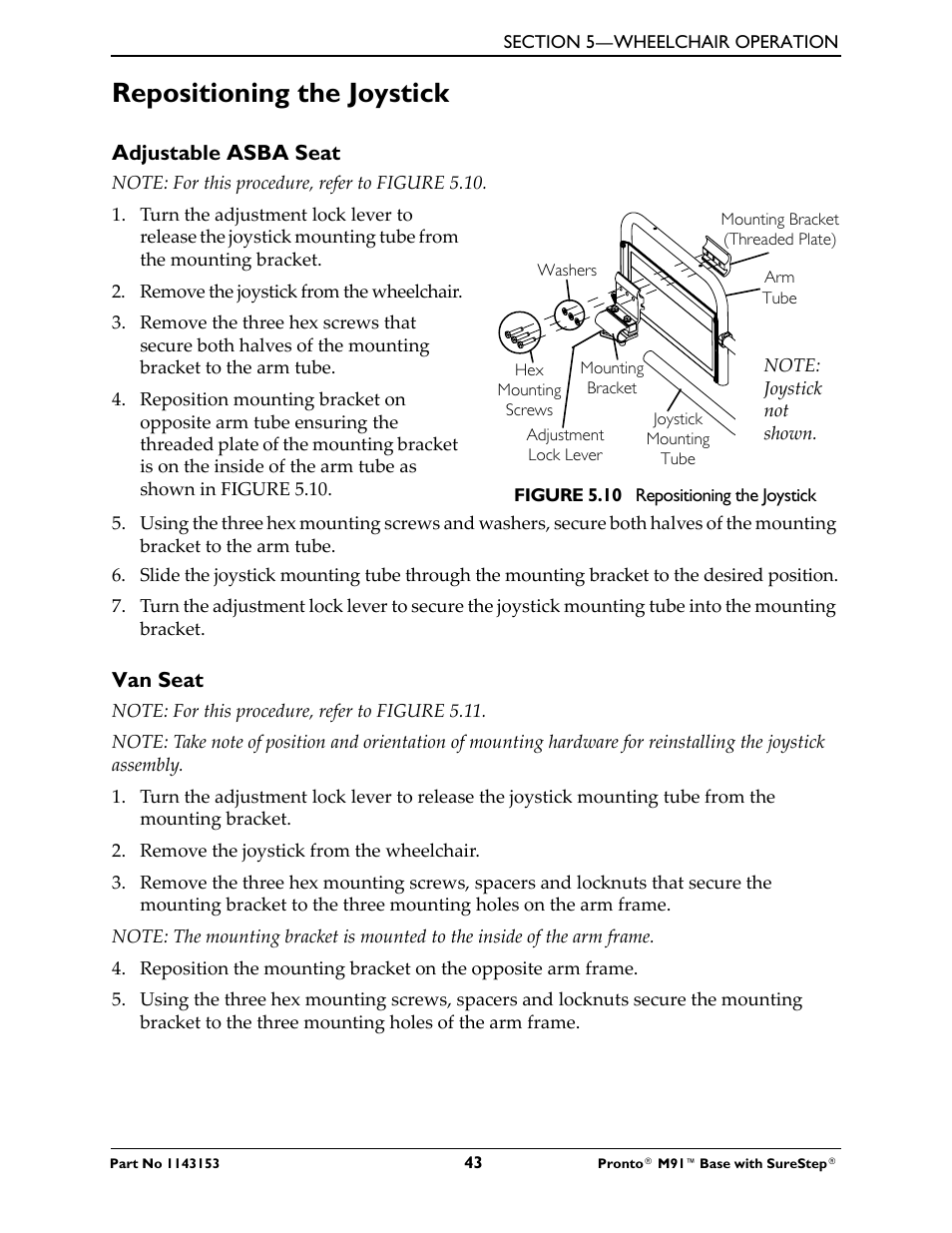 Repositioning the joystick, Adjustable asba seat van seat | Invacare Wheelchair Pronto M91 Base User Manual | Page 43 / 76