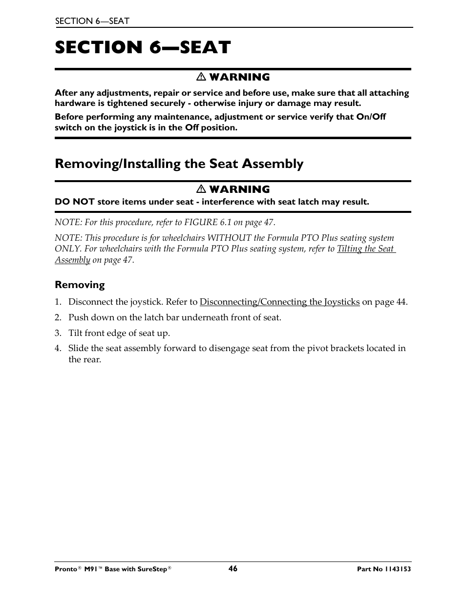 Section 6—seat, Removing/installing the seat assembly, Removing | Invacare Wheelchair Pronto M91 Base User Manual | Page 46 / 76