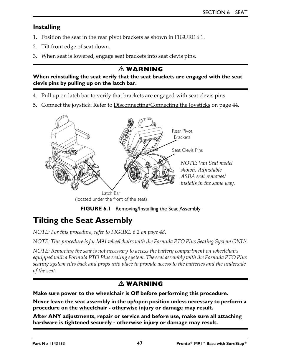 Installing, Tilting the seat assembly | Invacare Wheelchair Pronto M91 Base User Manual | Page 47 / 76