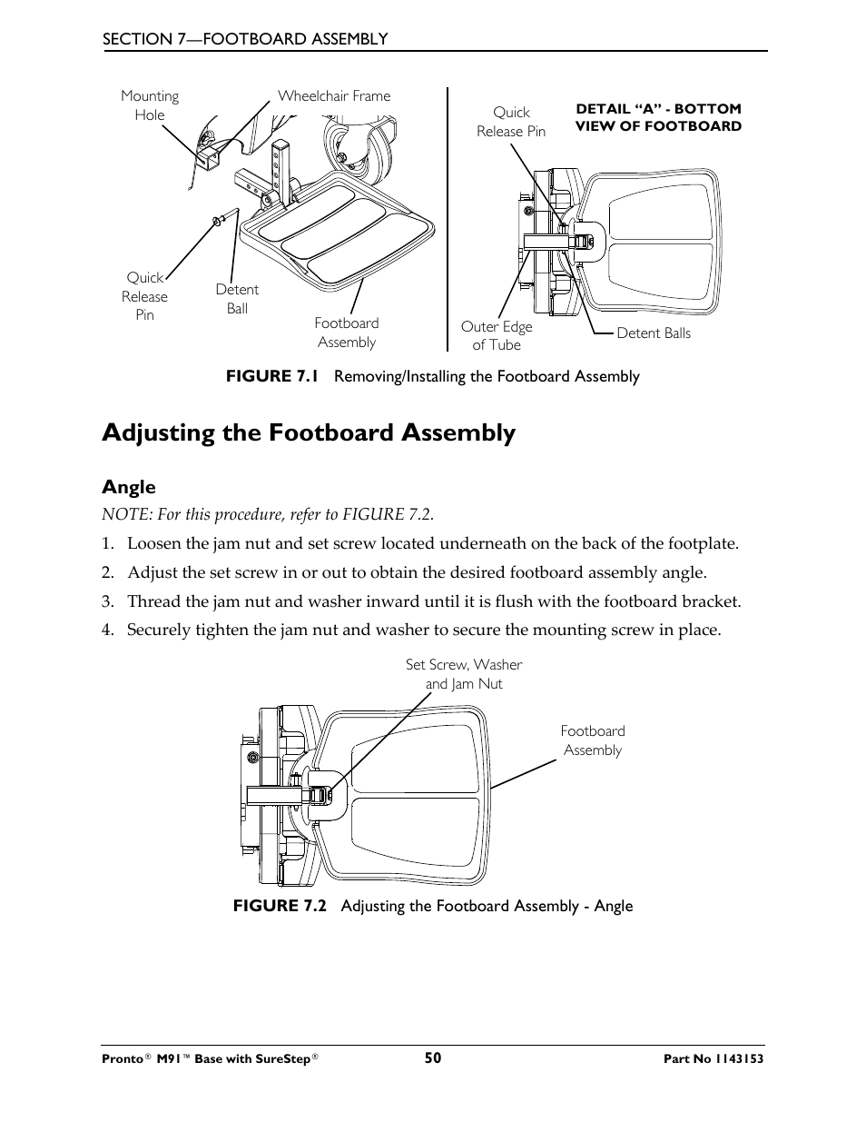 Adjusting the footboard assembly, Angle | Invacare Wheelchair Pronto M91 Base User Manual | Page 50 / 76