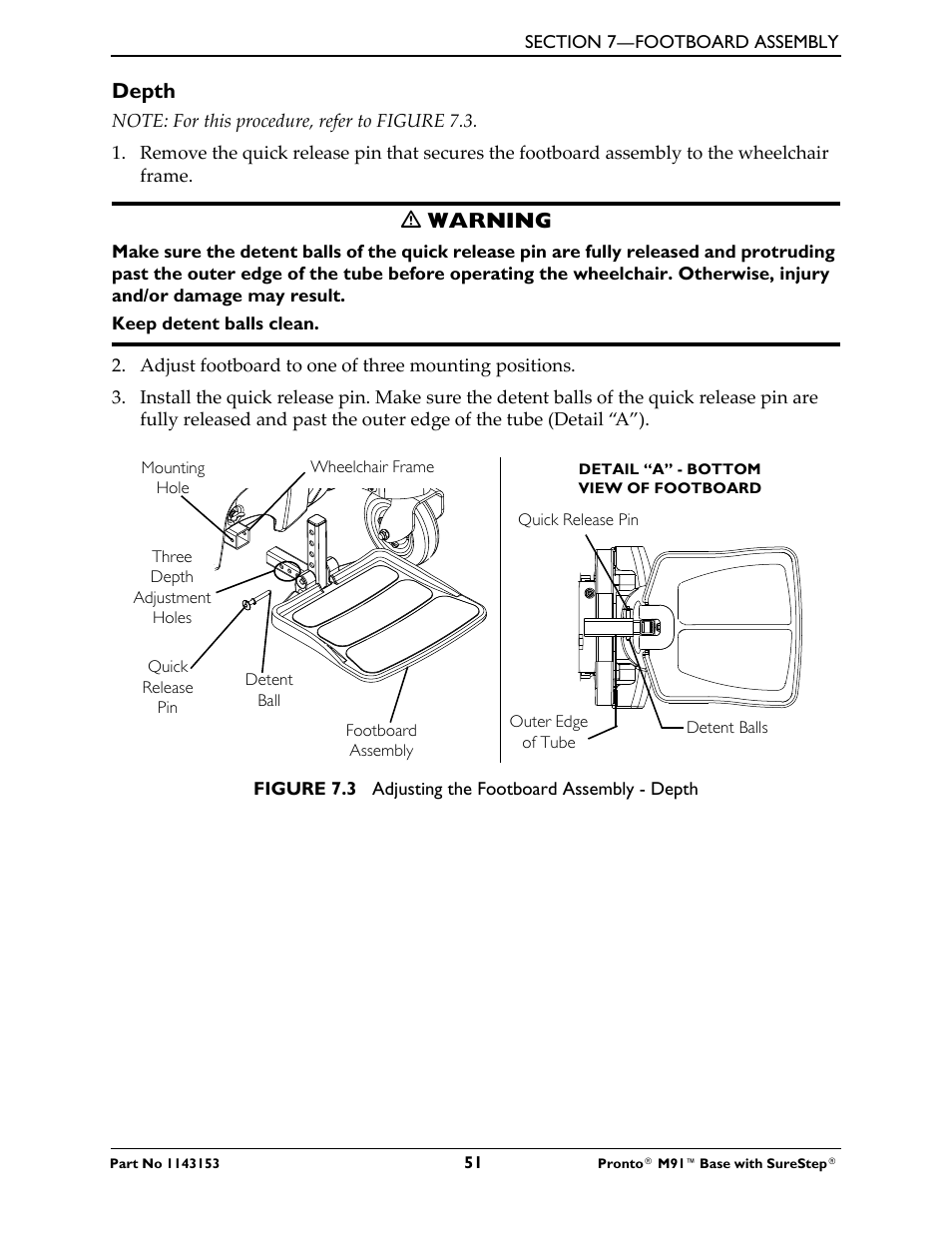 Depth, Ƽ warning | Invacare Wheelchair Pronto M91 Base User Manual | Page 51 / 76