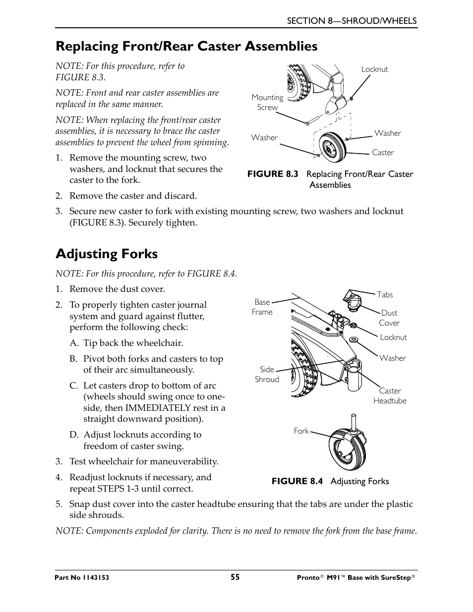 Replacing front/rear caster assemblies, Adjusting forks | Invacare Wheelchair Pronto M91 Base User Manual | Page 55 / 76