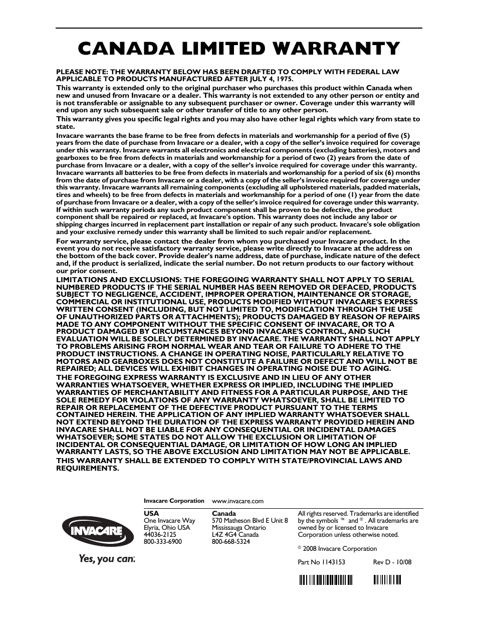 Part no 1143153, Canada limited warranty | Invacare Wheelchair Pronto M91 Base User Manual | Page 76 / 76