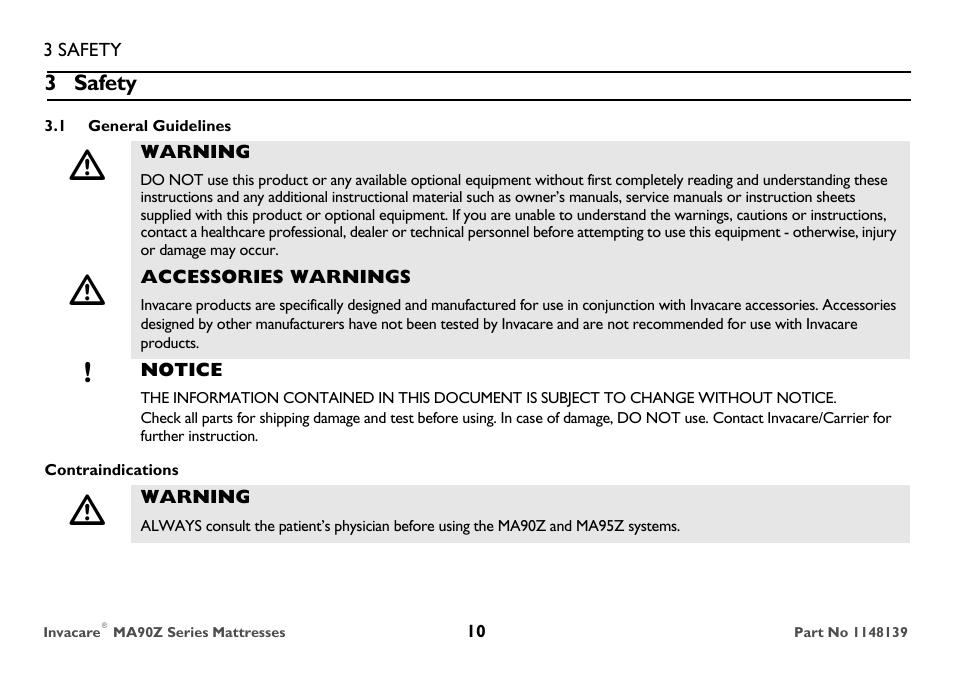 3 safety, 1 general guidelines, Warning | Accessories warnings, Notice, Contraindications | Invacare MA90Z User Manual | Page 10 / 36
