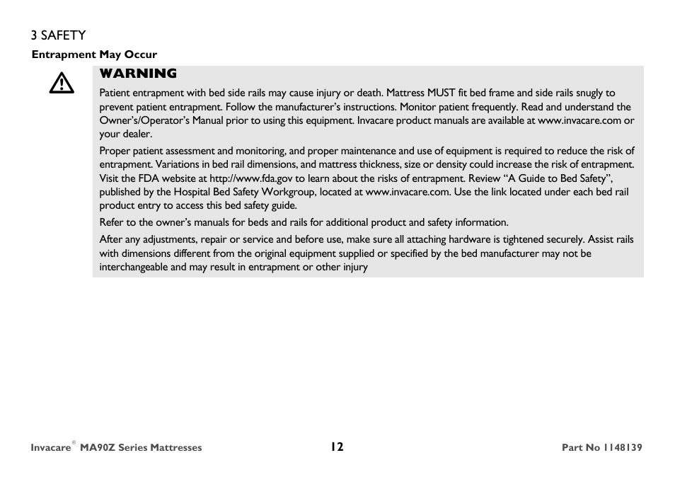 Entrapment may occur, Warning | Invacare MA90Z User Manual | Page 12 / 36