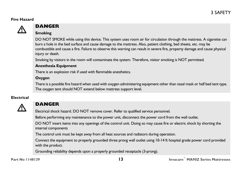 Fire hazard, Danger, Smoking | Anesthesia equipment, Oxygen, Electrical | Invacare MA90Z User Manual | Page 13 / 36