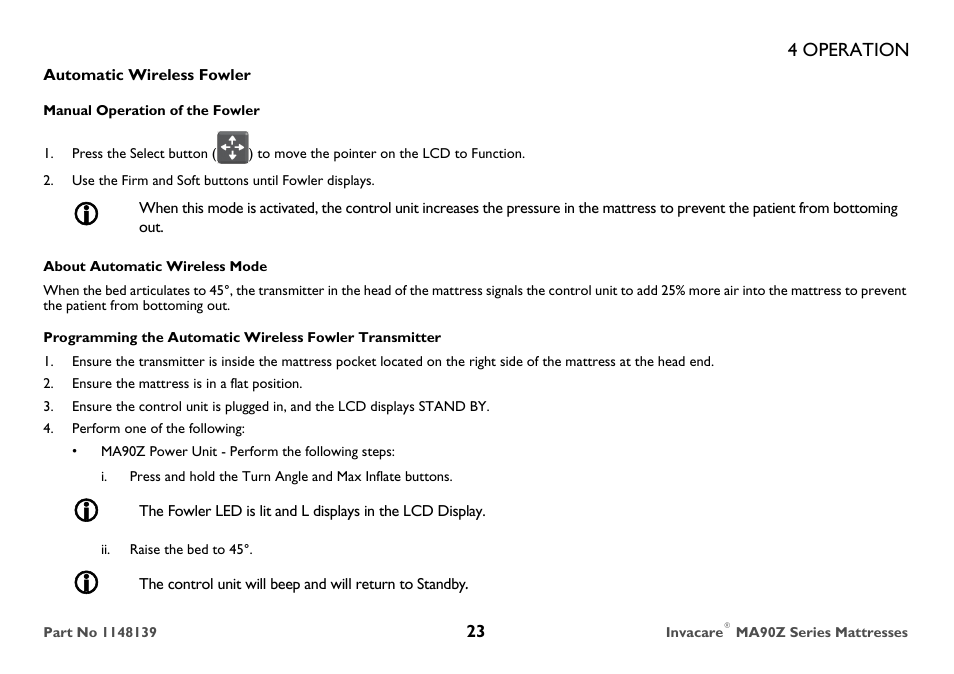 Automatic wireless fowler, Manual operation of the fowler, About automatic wireless mode | Ensure the mattress is in a flat position, Perform one of the following | Invacare MA90Z User Manual | Page 23 / 36