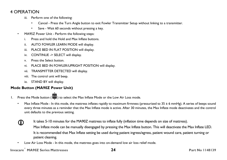 Save - wait 60 seconds without pressing a key, Mode button (ma90z power unit), 4 operation | Invacare MA90Z User Manual | Page 24 / 36