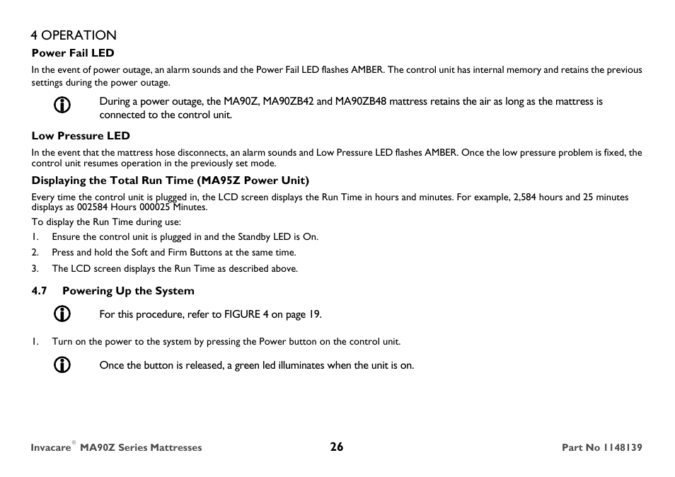 Power fail led, Low pressure led, Displaying the total run time (ma95z power unit) | To display the run time during use, 7 powering up the system | Invacare MA90Z User Manual | Page 26 / 36