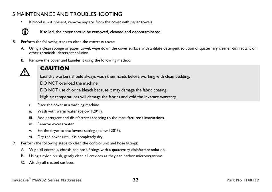 Caution, Do not overload the machine, C. air dry all treated surfaces | Invacare MA90Z User Manual | Page 32 / 36