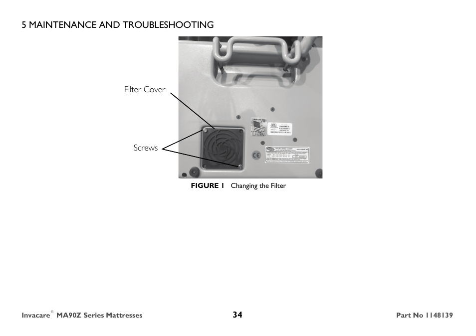 Filter cover, 5 maintenance and troubleshooting | Invacare MA90Z User Manual | Page 34 / 36
