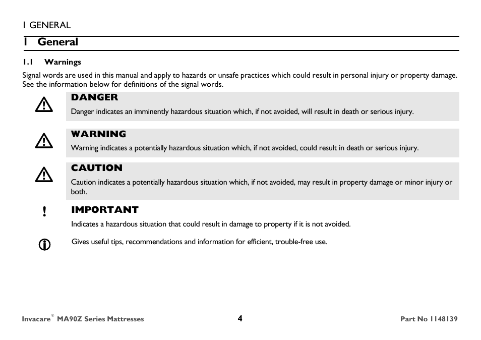 1 general, 1 warnings, Danger | Warning, Caution, Important | Invacare MA90Z User Manual | Page 4 / 36