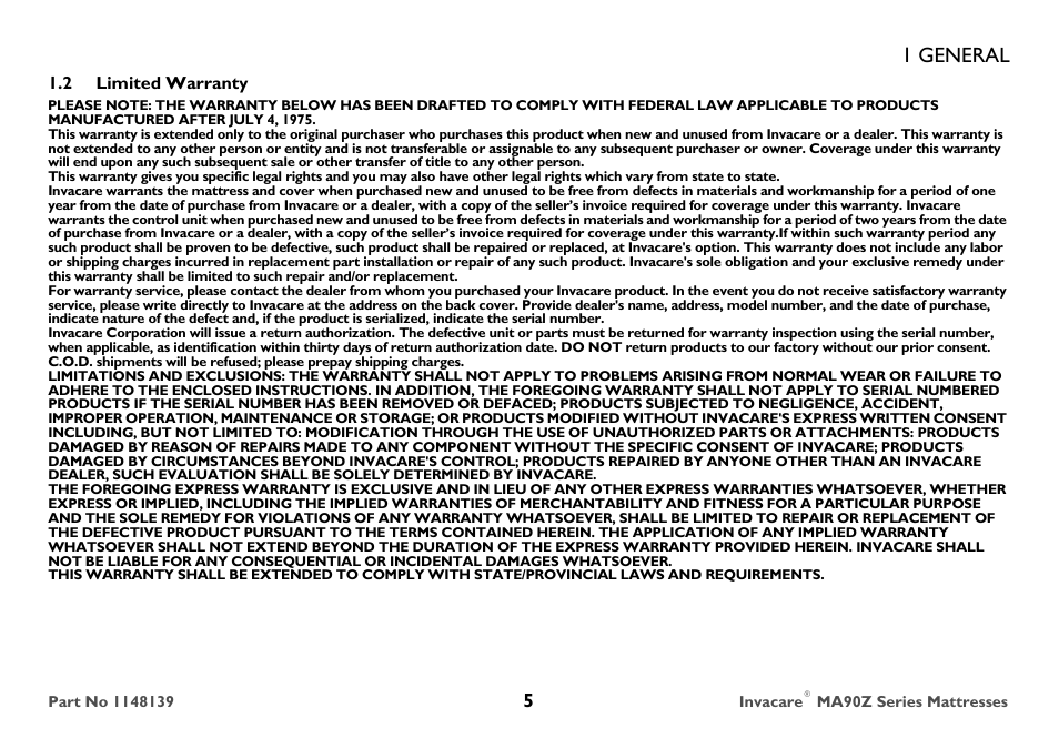 2 limited warranty, 1 general | Invacare MA90Z User Manual | Page 5 / 36