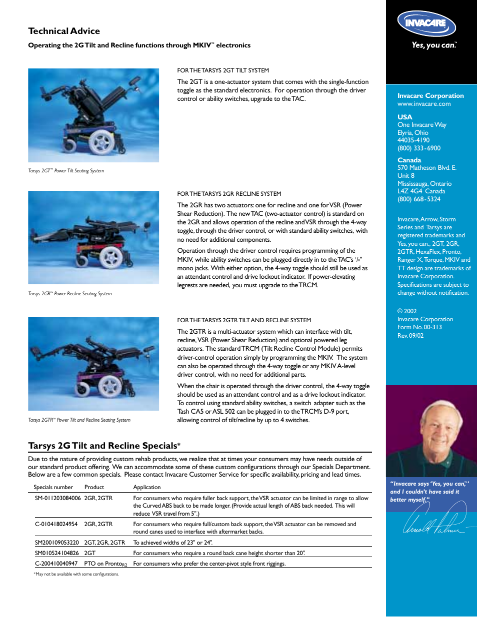 Technical advice, Tarsys 2g tilt and recline specials | Invacare 00-313 User Manual | Page 16 / 16