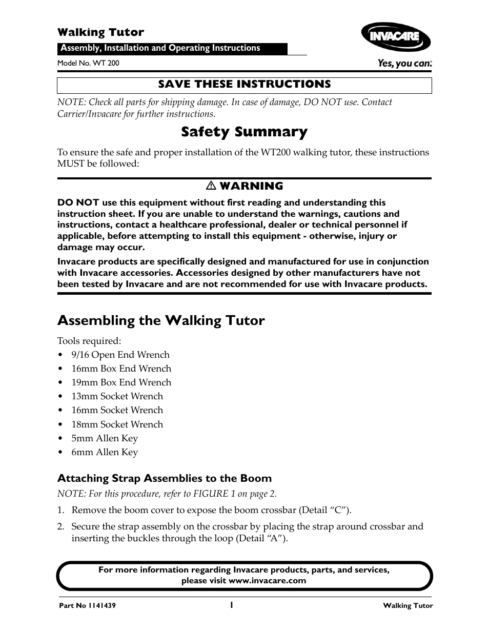 Invacare WALKING TUTOR WT 200 User Manual | 8 pages