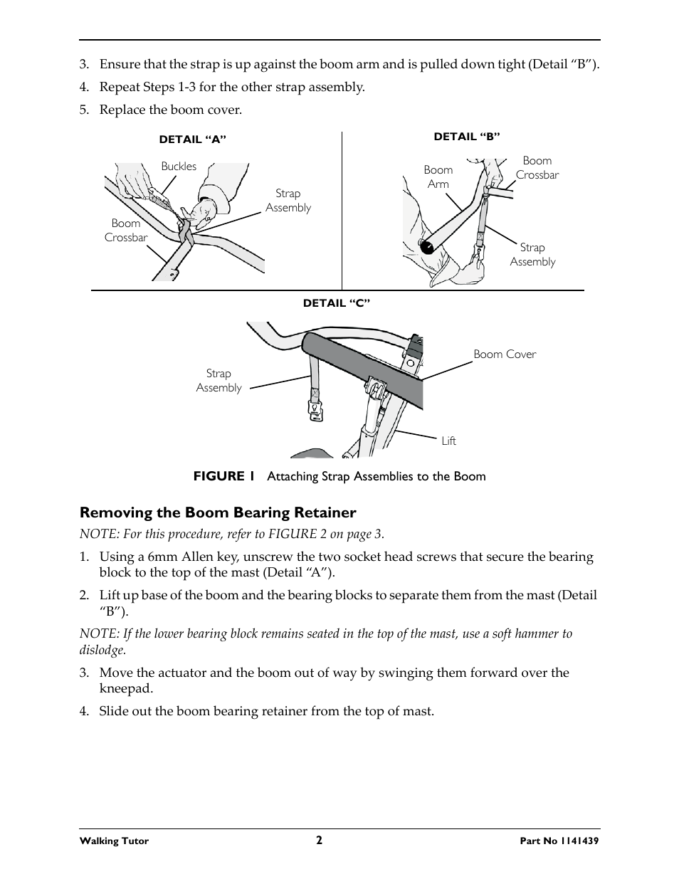Removing the boom bearing retainer | Invacare WALKING TUTOR WT 200 User Manual | Page 2 / 8