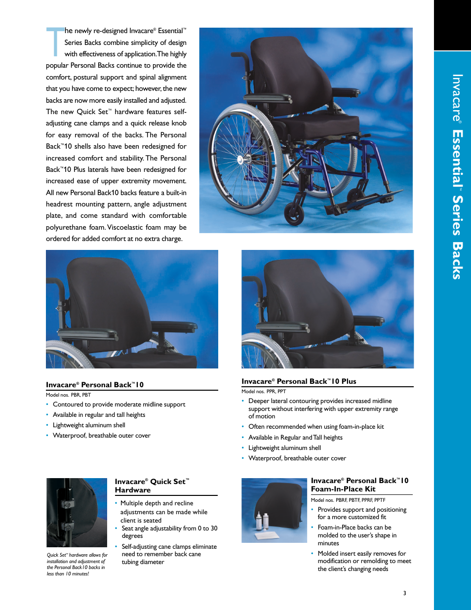 Essential, Series backs | Invacare Essential Series User Manual | Page 3 / 4