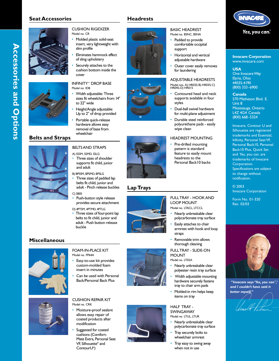 Accessories and options, Seat accessories belts and straps miscellaneous, Lap trays headrests | Invacare Essential Series User Manual | Page 4 / 4