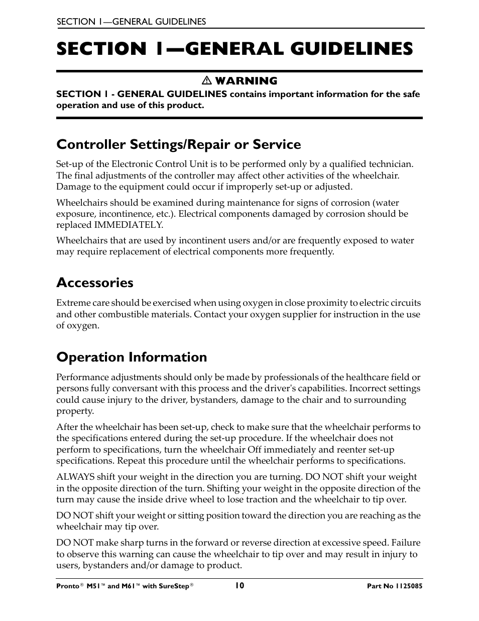 Section 1—general guidelines, Controller settings/repair or service, Accessories | Operation information | Invacare Wheelchair Pronto M61 User Manual | Page 10 / 80