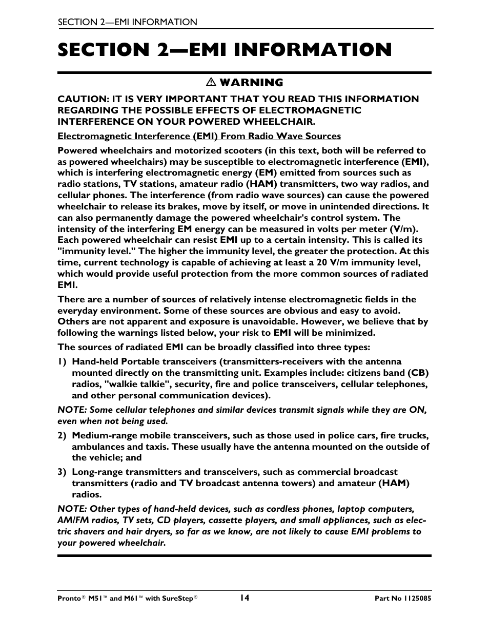 Section 2—emi information | Invacare Wheelchair Pronto M61 User Manual | Page 14 / 80