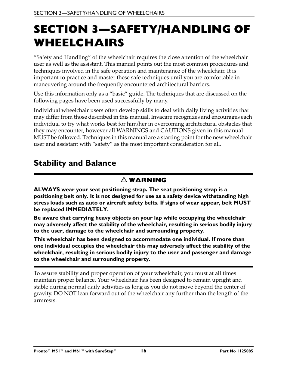 Section 3—safety/handling of wheelchairs, Stability and balance | Invacare Wheelchair Pronto M61 User Manual | Page 16 / 80