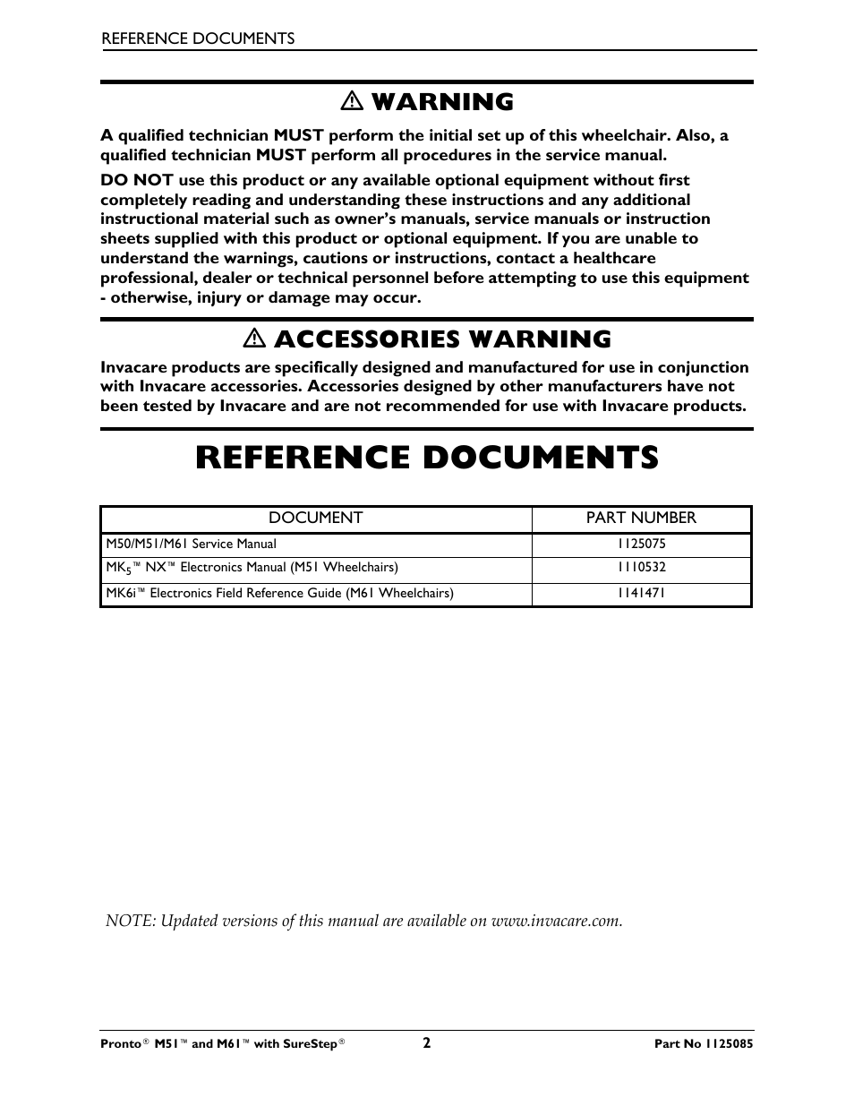 Reference documents, Ƽ warning, Ƽ accessories warning | Invacare Wheelchair Pronto M61 User Manual | Page 2 / 80
