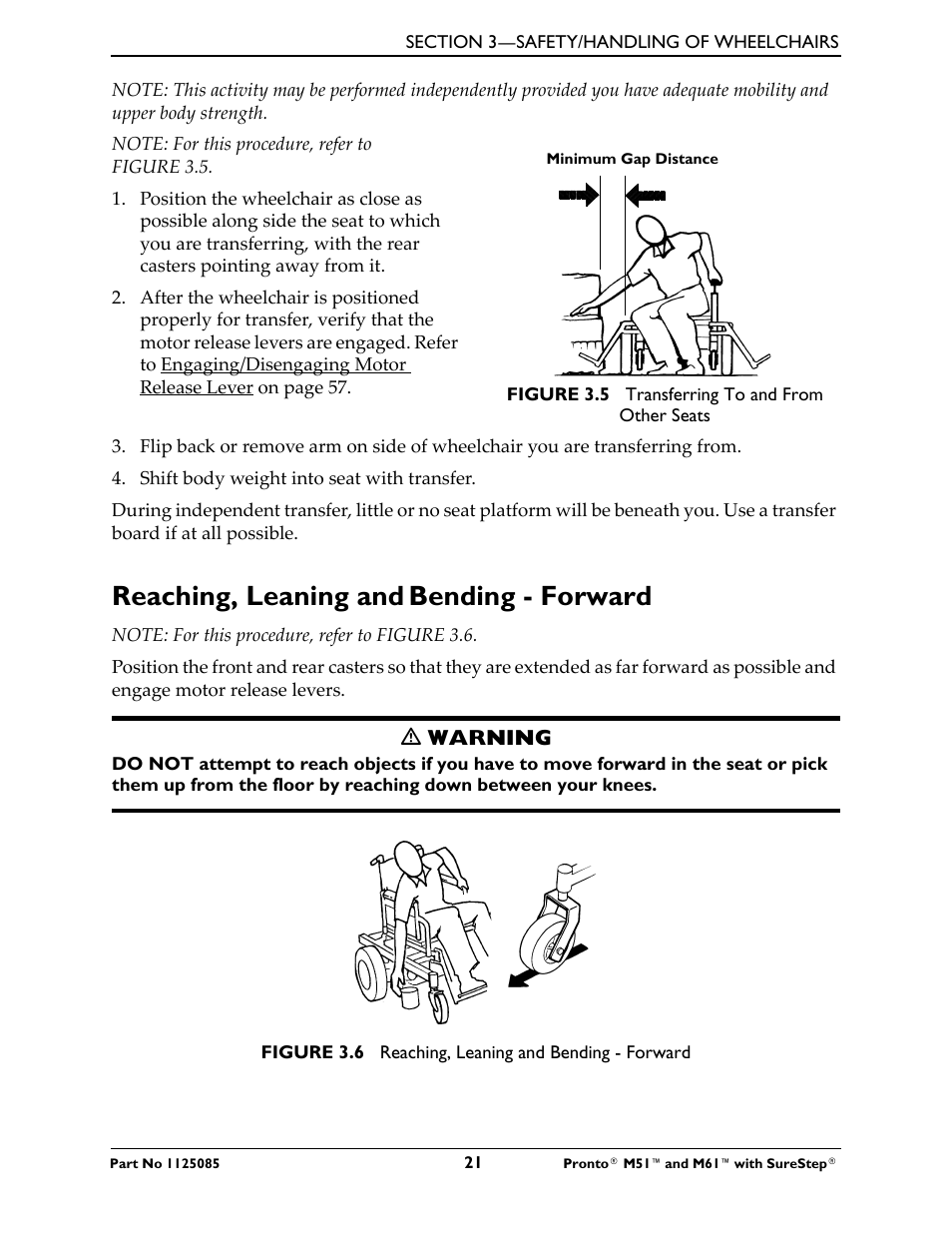 Reaching, leaning and bending - forward, Reaching, leaning and, Bending - forward | Invacare Wheelchair Pronto M61 User Manual | Page 21 / 80