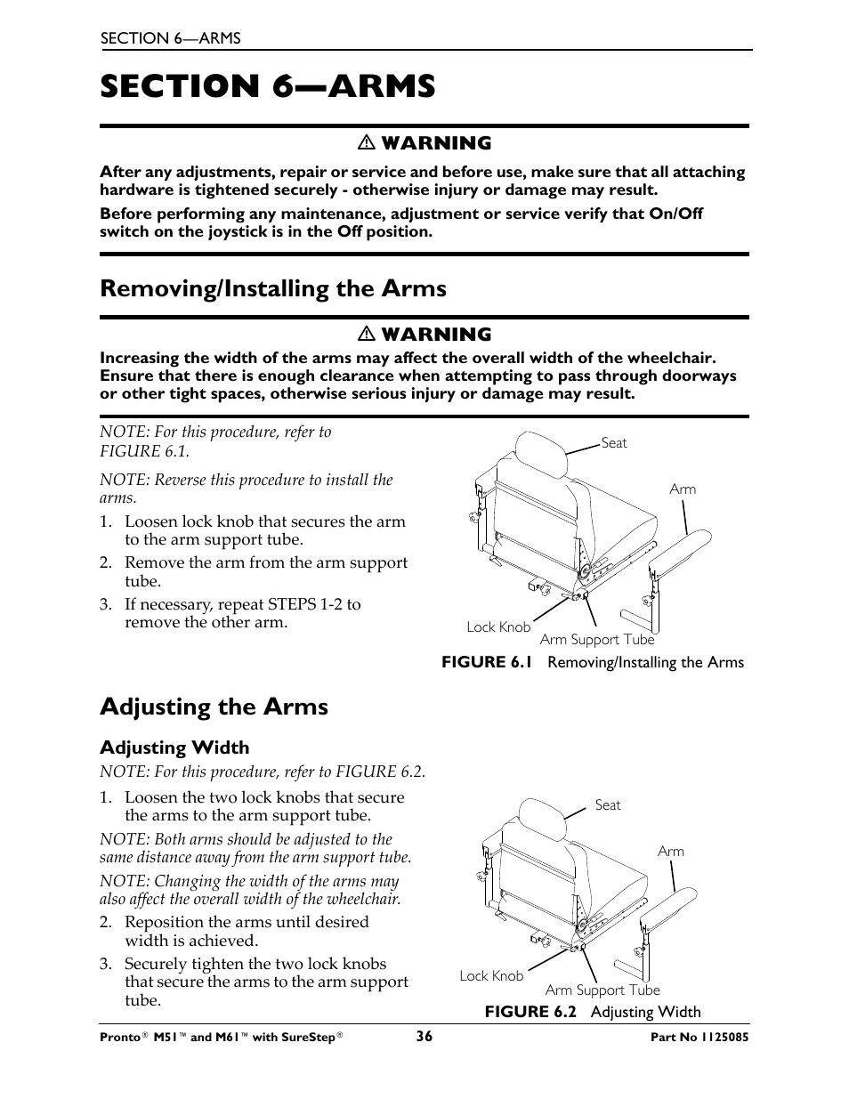 Section 6—arms, Removing/installing the arms, Adjusting the arms | Invacare Wheelchair Pronto M61 User Manual | Page 36 / 80