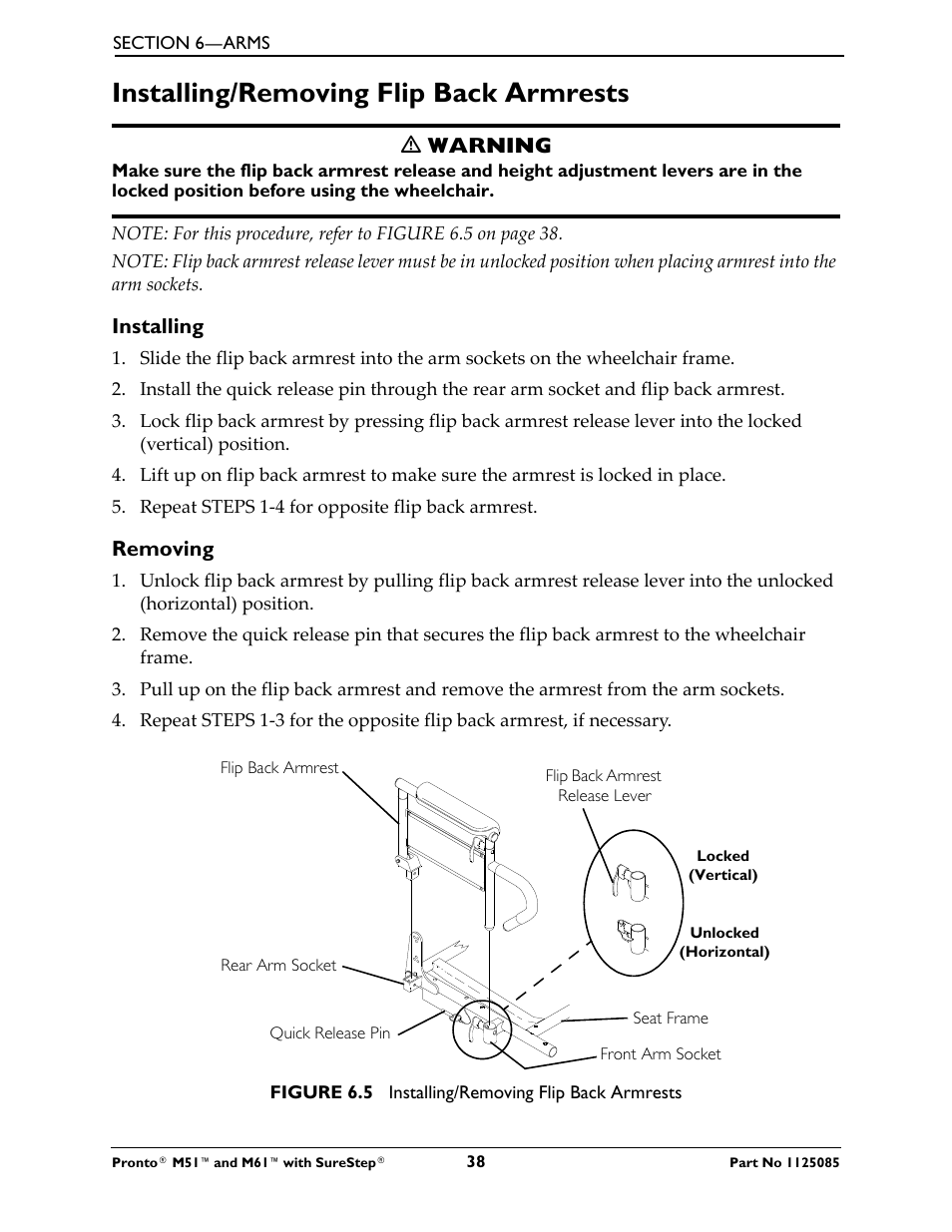 Installing/removing flip back armrests | Invacare Wheelchair Pronto M61 User Manual | Page 38 / 80