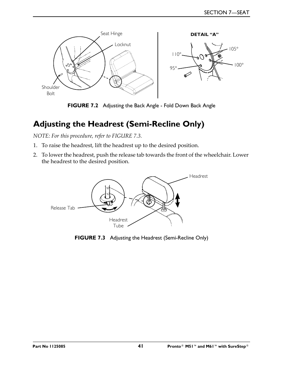 Adjusting the headrest (semi-recline only), Figure 7.2 on | Invacare Wheelchair Pronto M61 User Manual | Page 41 / 80