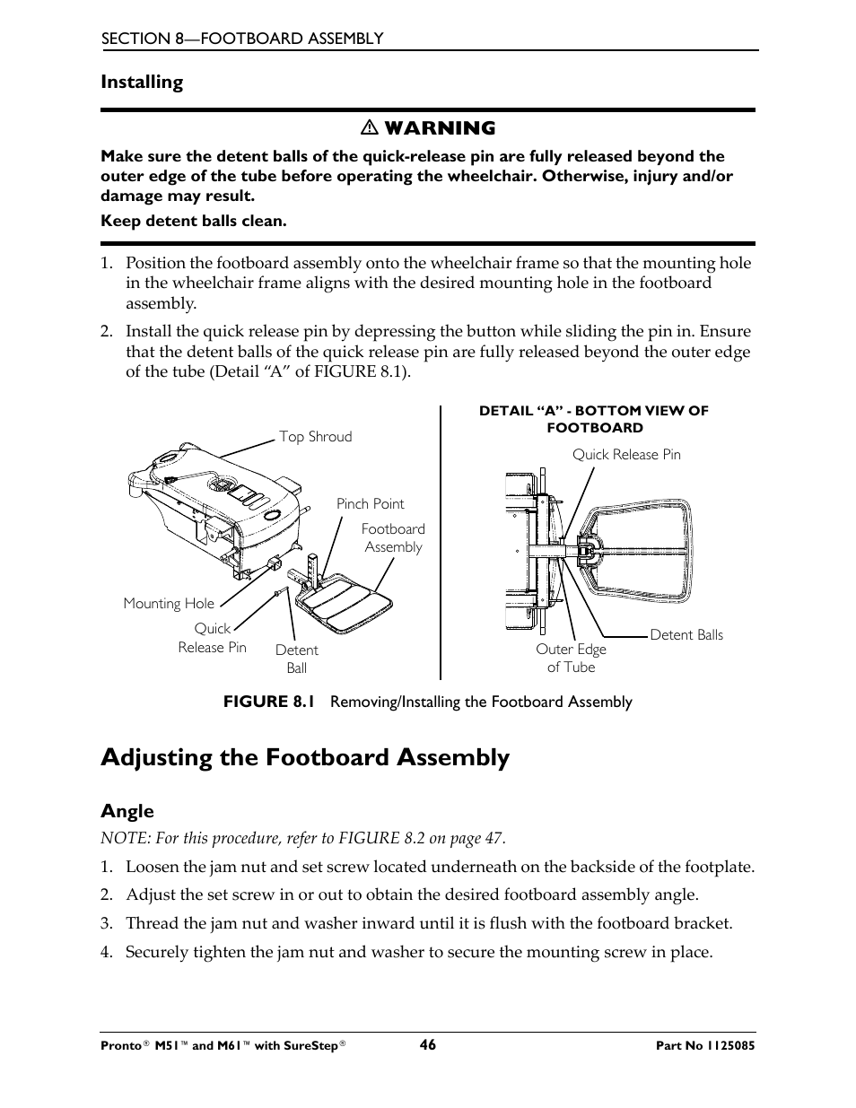 Adjusting the footboard assembly | Invacare Wheelchair Pronto M61 User Manual | Page 46 / 80