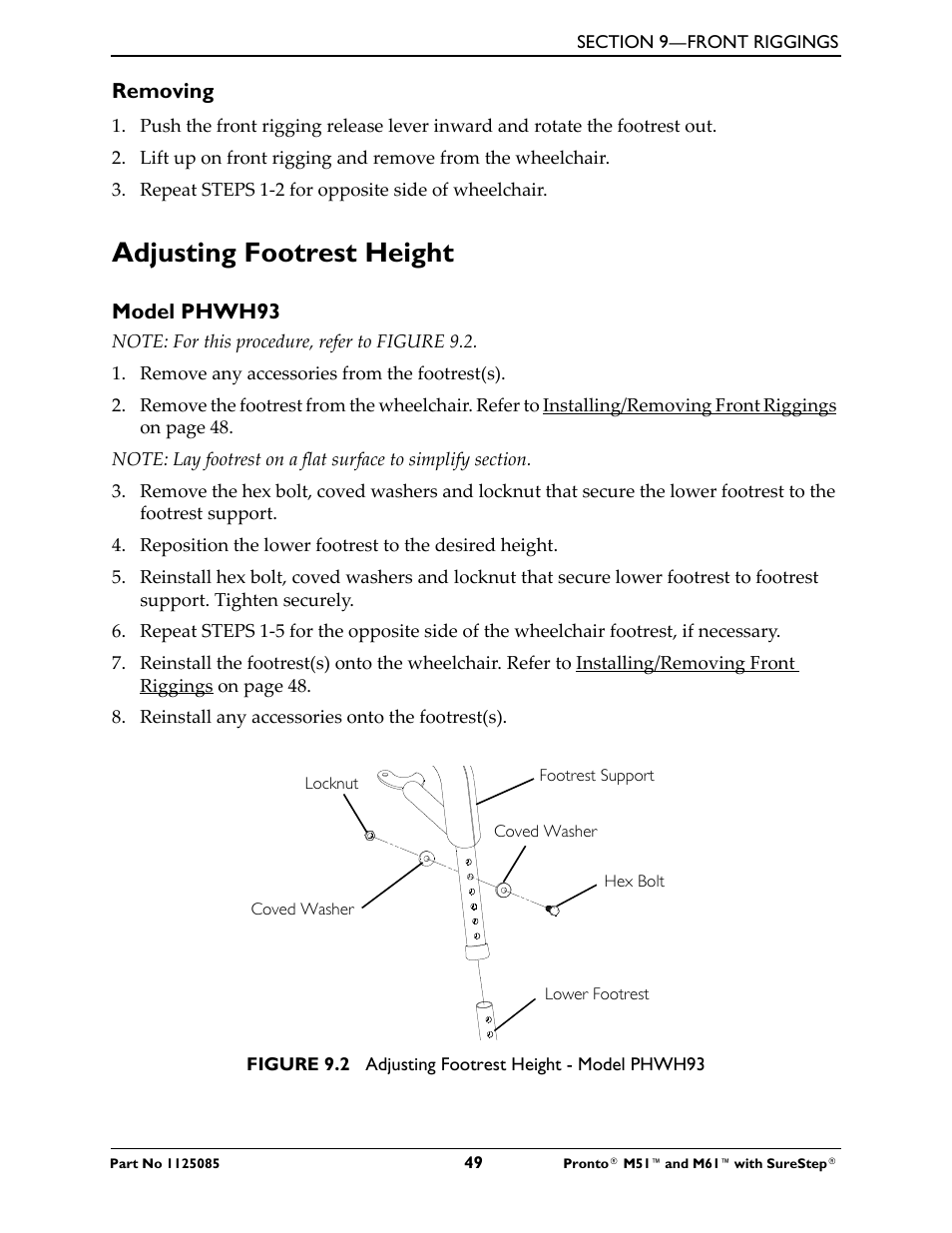 Adjusting footrest height | Invacare Wheelchair Pronto M61 User Manual | Page 49 / 80