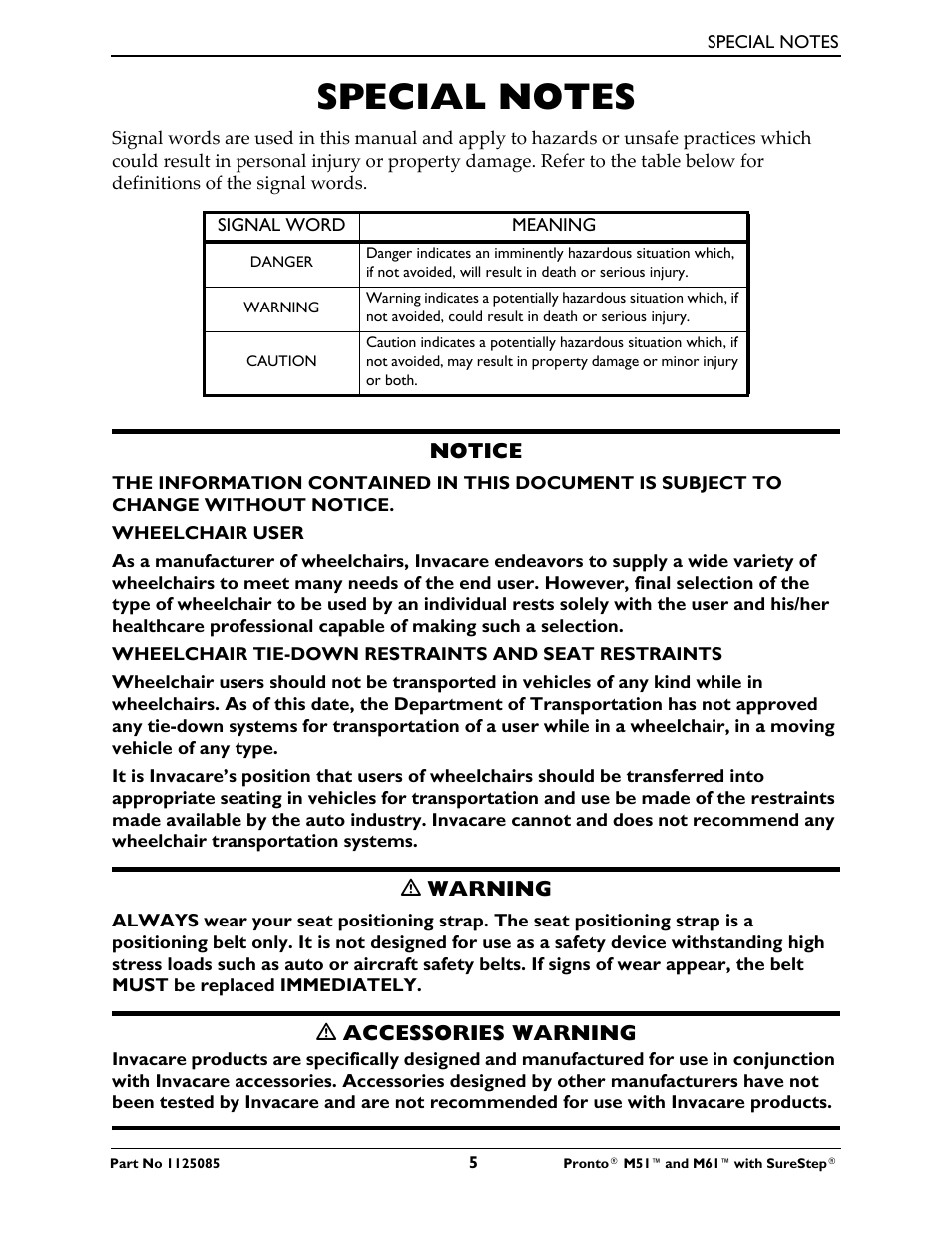 Special notes | Invacare Wheelchair Pronto M61 User Manual | Page 5 / 80