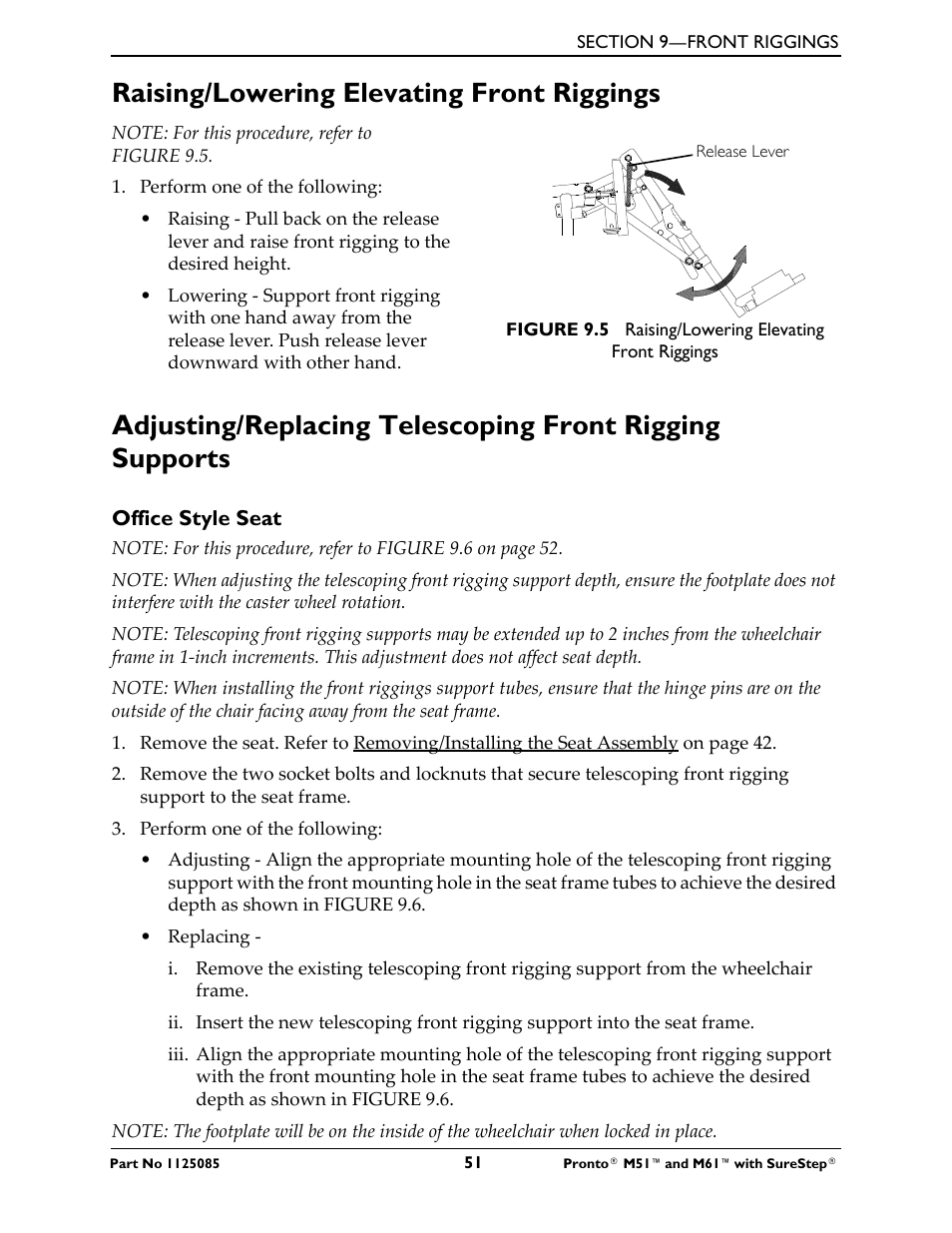 Raising/lowering elevating front riggings | Invacare Wheelchair Pronto M61 User Manual | Page 51 / 80