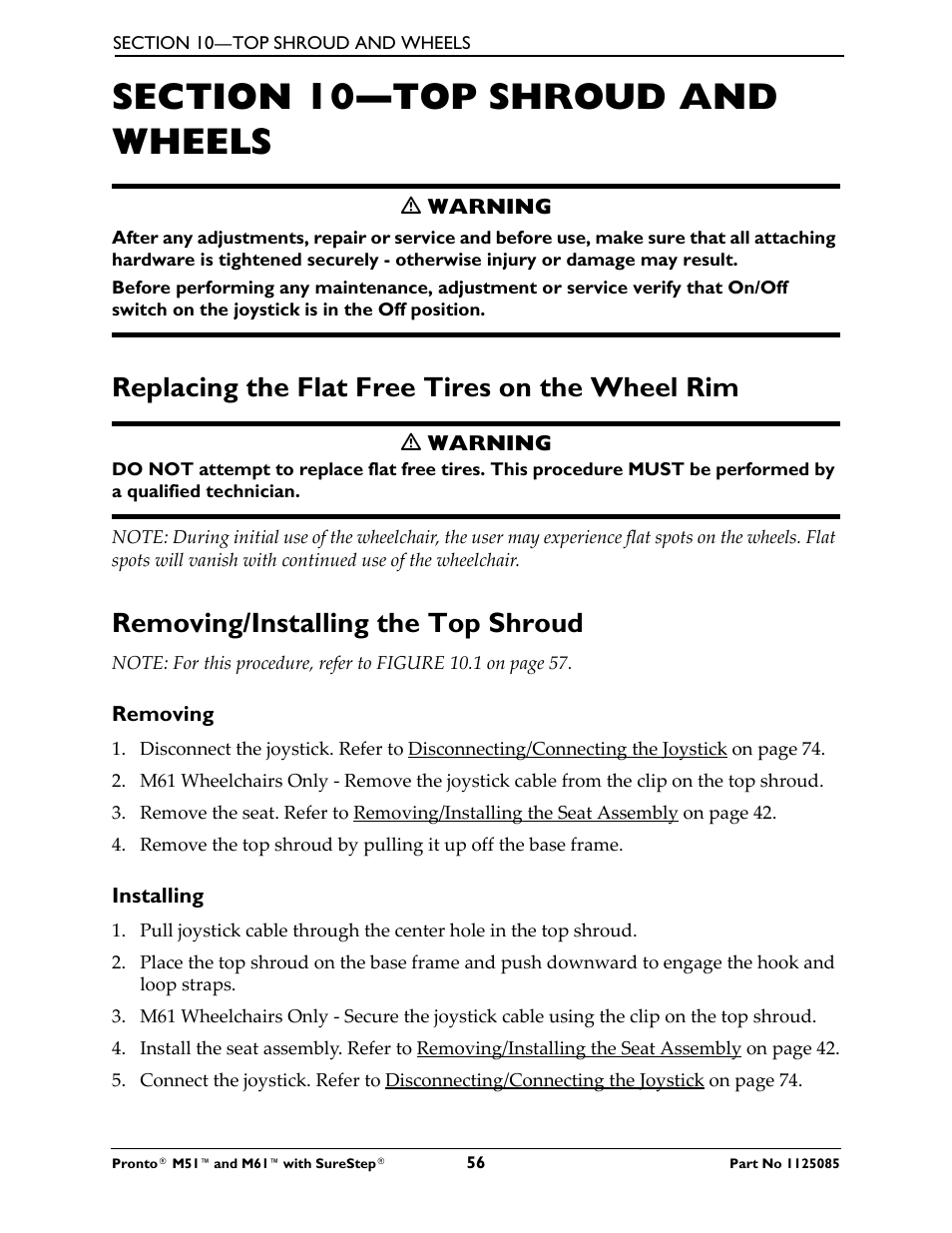 Section 10—top shroud and wheels, Replacing the flat free tires on the wheel rim, Removing/installing the top shroud | Invacare Wheelchair Pronto M61 User Manual | Page 56 / 80