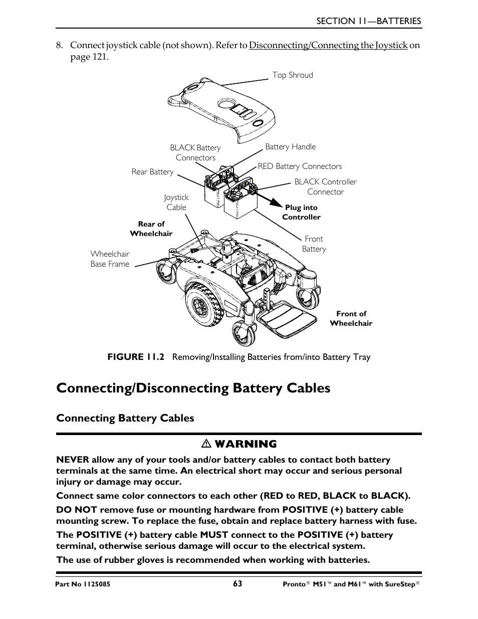 Connecting/disconnecting battery cables, Connecting battery cables ƽ warning | Invacare Wheelchair Pronto M61 User Manual | Page 63 / 80