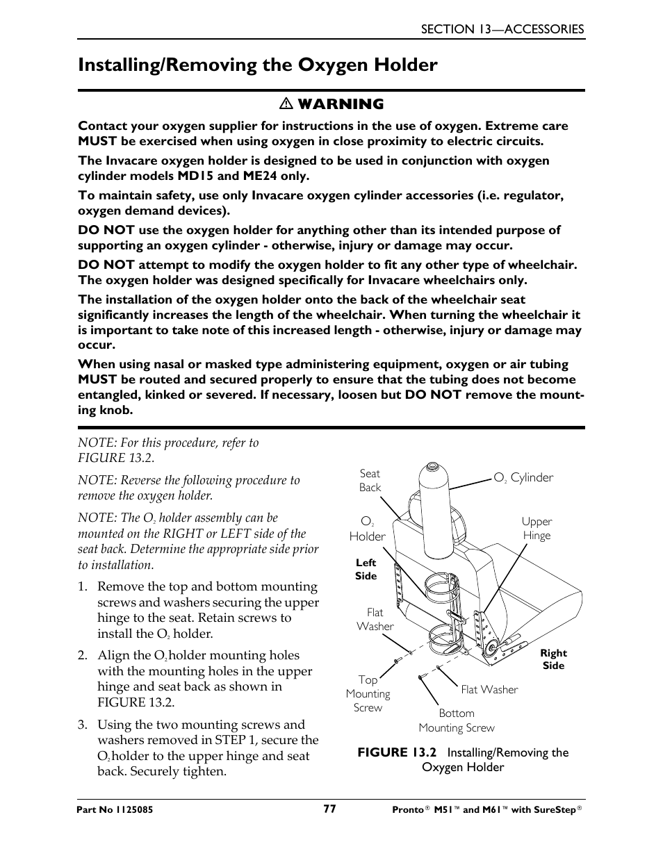 Installing/removing the oxygen holder, Ƽ warning | Invacare Wheelchair Pronto M61 User Manual | Page 77 / 80