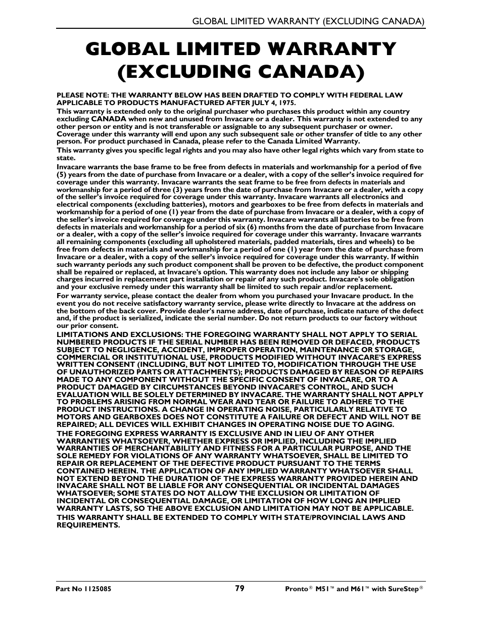 Global limited warranty (excluding canada) | Invacare Wheelchair Pronto M61 User Manual | Page 79 / 80