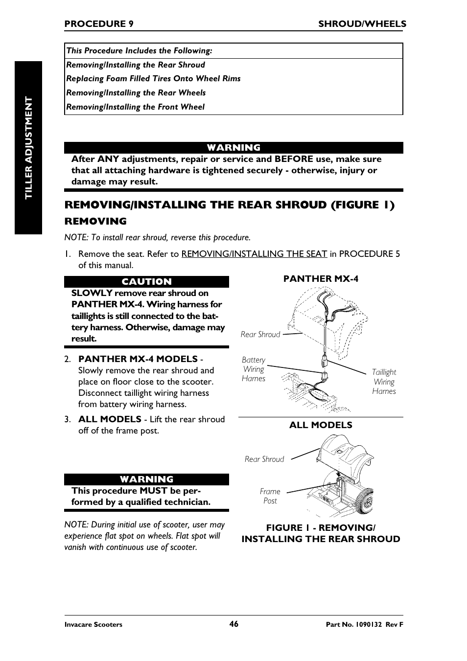 Removing/installing the rear shroud (figure 1), Replacing foam filled tires onto wheel rims | Invacare LYNX LX-3PLUS  EU User Manual | Page 46 / 64